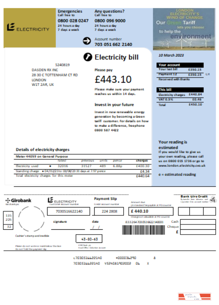 UK Electricity utility business bill, SCR PSD template
